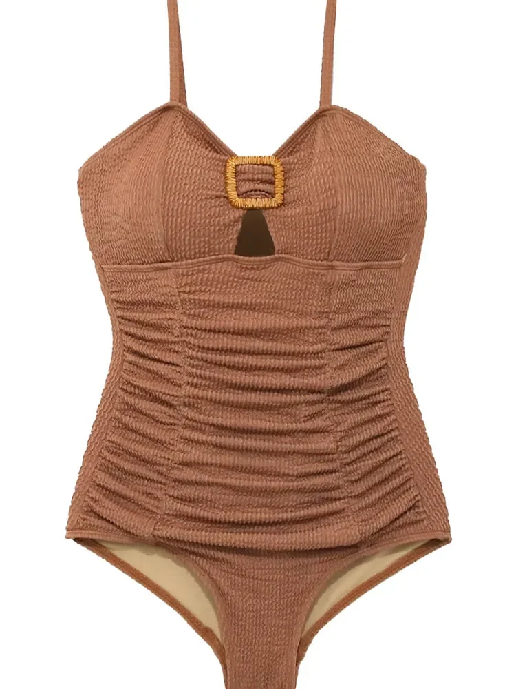 สไตล์หวานบิกินี่ผู้หญิงเกาหลีแขนยาว Slim Buckle One Piece ชุดว่ายน้ําเซ็กซี่ Suspender จีบ Tummy Control ชุดว่ายน้ํา