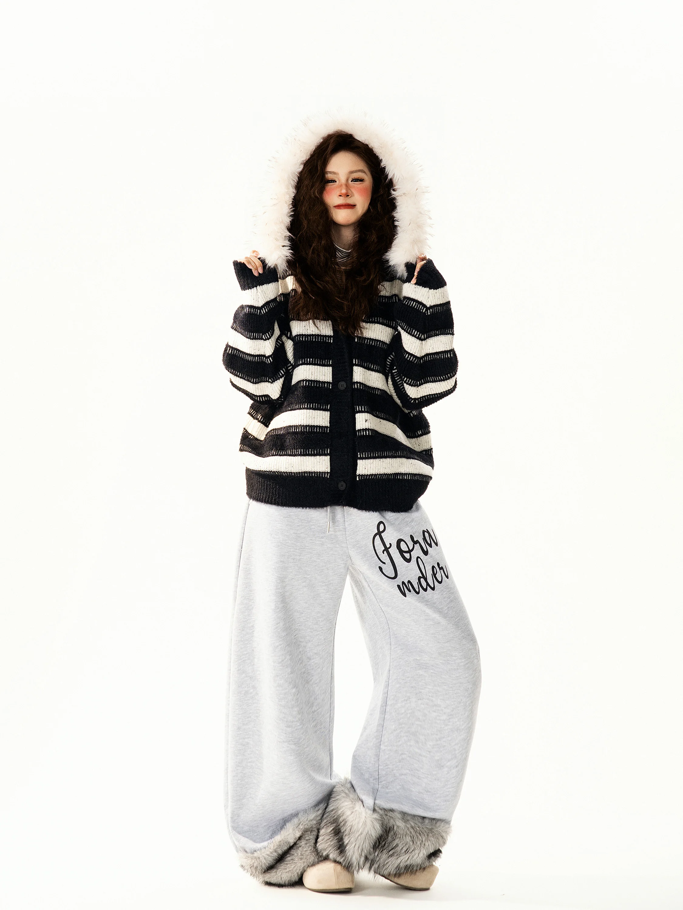 

Retro Striped Hooded Open Cardigan Sweater Women's Loose Lazy Versatile Knitted Jaet Street Sle Autumn Winter Long Sve