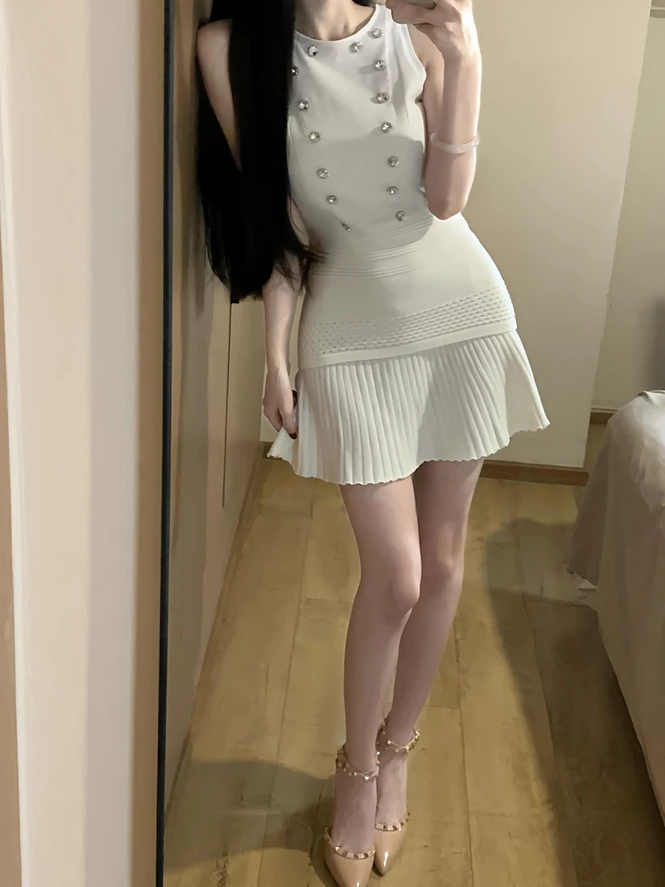 Spicy Girl Beaded Sleeveless Knitted Vest Top Women's High Waist Pleated  Skirt Summer Pure Beauty Amazing Set Fashionabl...