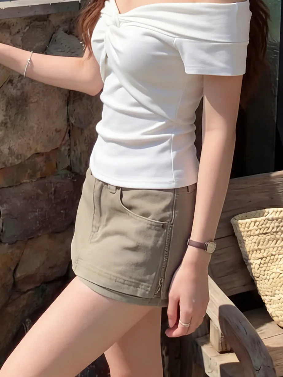 Khaki High Waist Side Zipper Denim  Skirt Women's Summer New Commute Versatile Spicy Girl A-Line Bodycon Skirt Pants