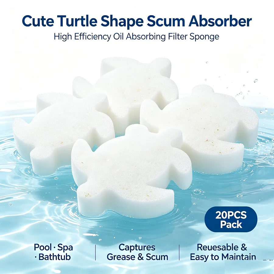 20pcs Cute Turtle Shape Scum Absorber High Efficiency Oil Absorbing Filter Sponge for Pool Spa Hot Tub Bathtub Reusable 8.3Inch