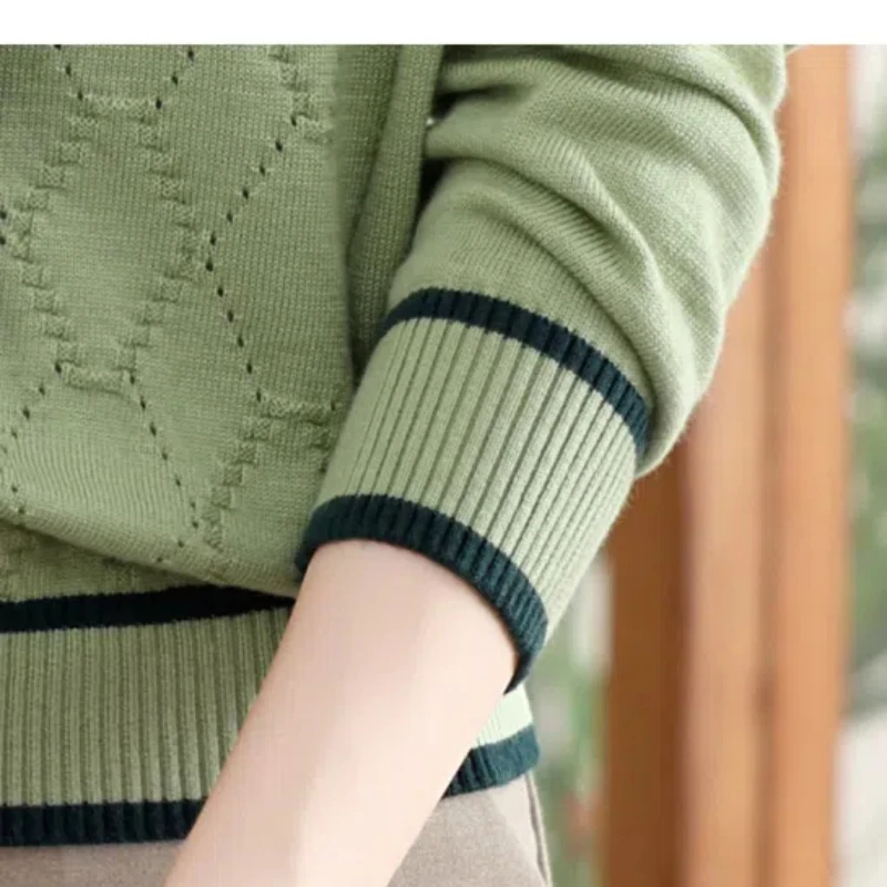 Peter Pan Collar Pullover Sweater Contrast Color Knitted Button Lantern Long Sleeve Women\'s Spring Autumn Screw Thread Tops