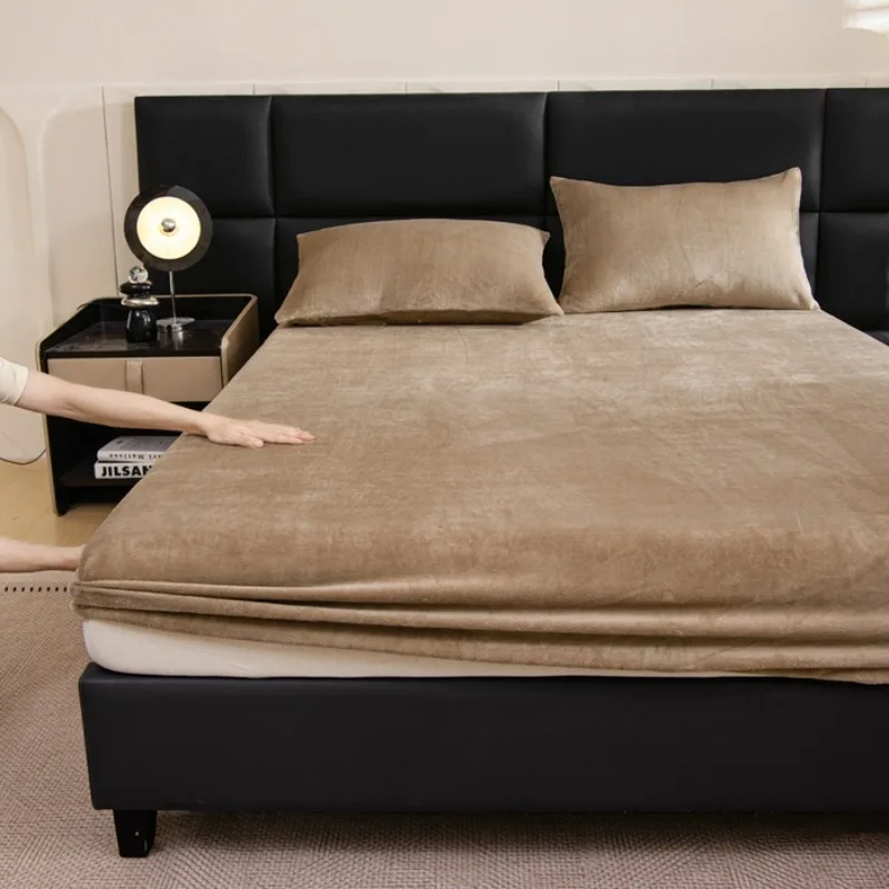 1PC Solid Colour Soft Warm Thick Velvet Fitted Sheet Non Slip Mattress Cover Adjustable Protector Soft Bed Sheet With Elastic