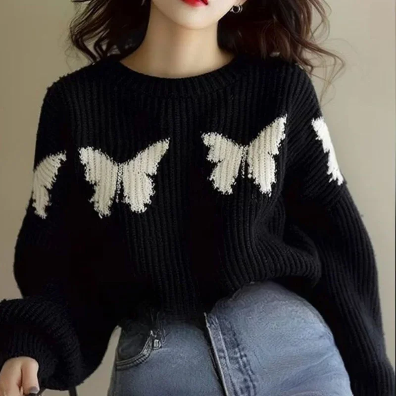 Korean Style Black Printed Knitted Long Sleeved Sweater Autumn/winter Fashion Casual Loose High Quality Comfortable Women's Top