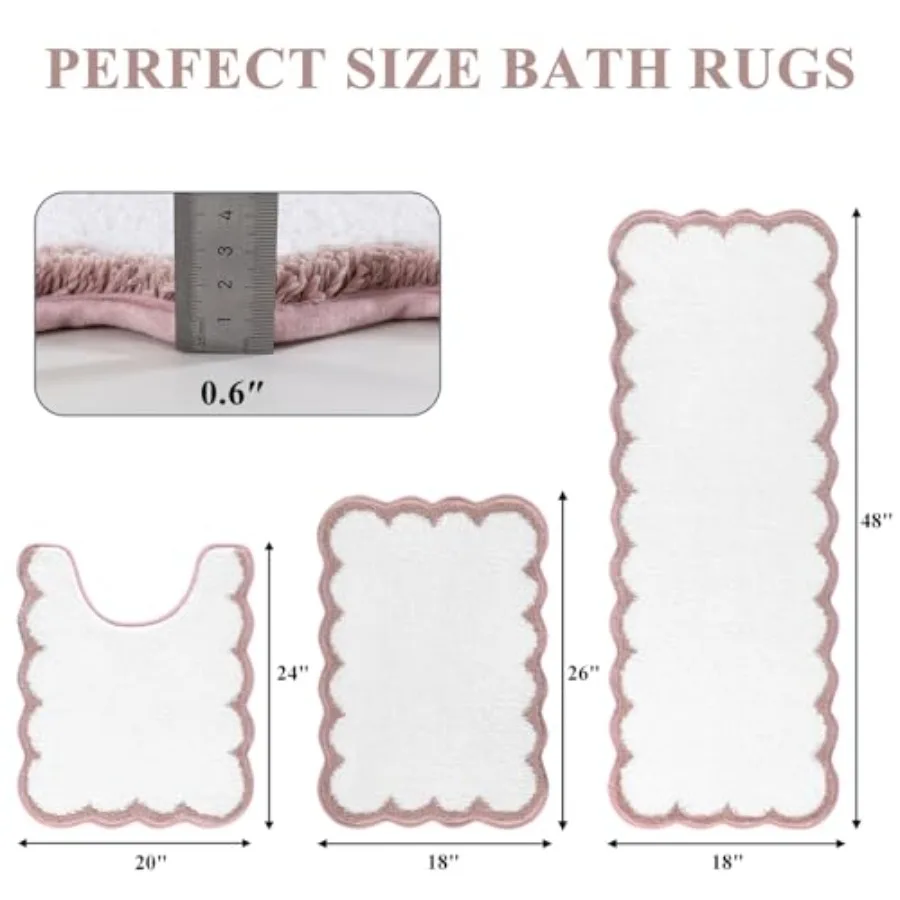 Bathroom Rug Sets 3 Pcs, Scalloped Bath Rugs, Non Slip Washable Bath Mat With U-Shaped Toilet Rug, Extra Absorbent Quick Dry, F