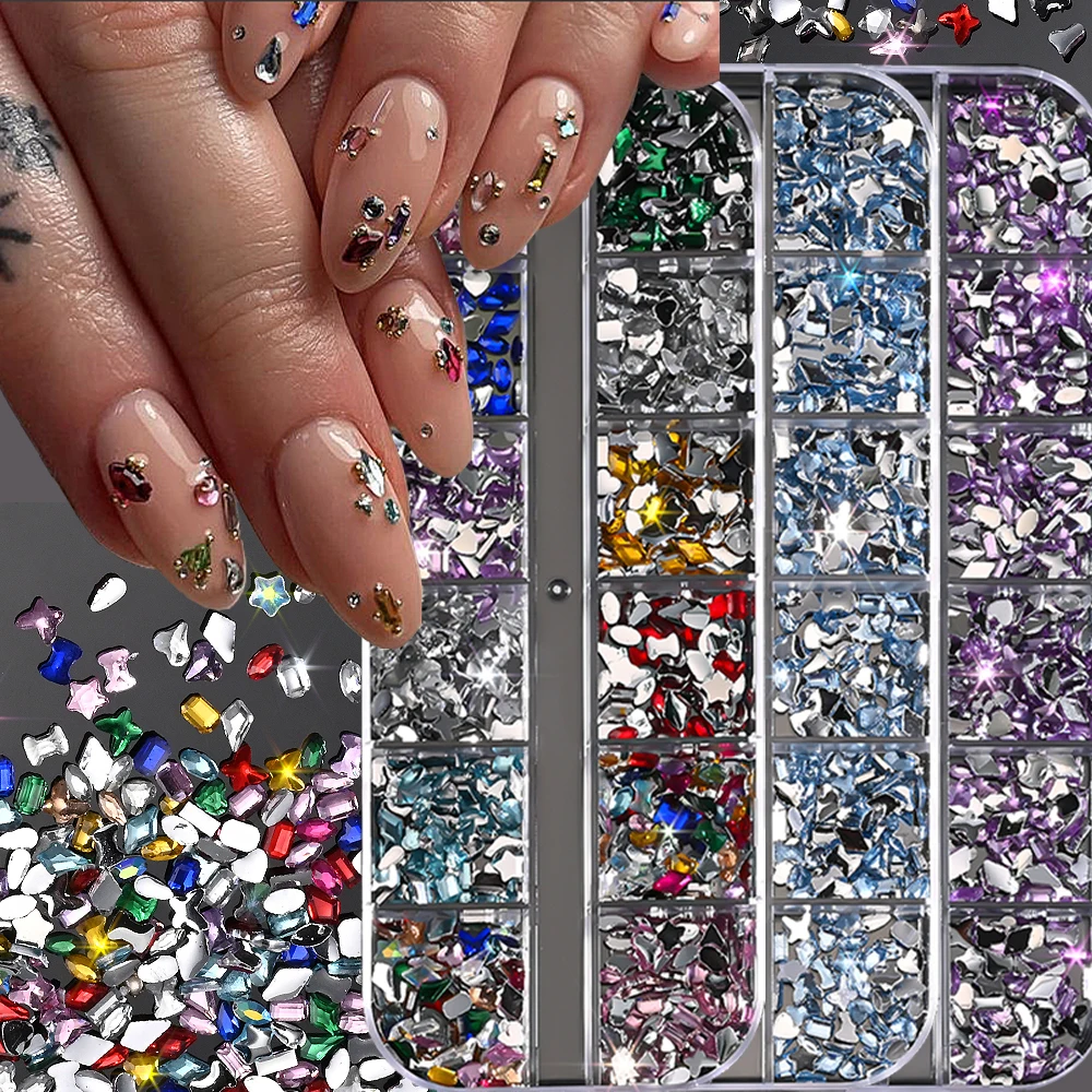 1box Mini Mix Shapes Diamond Nail Charms Heart Star Butterfly Colorful Nail Gems Rhinestones Shining Drop Manicure Decorations P