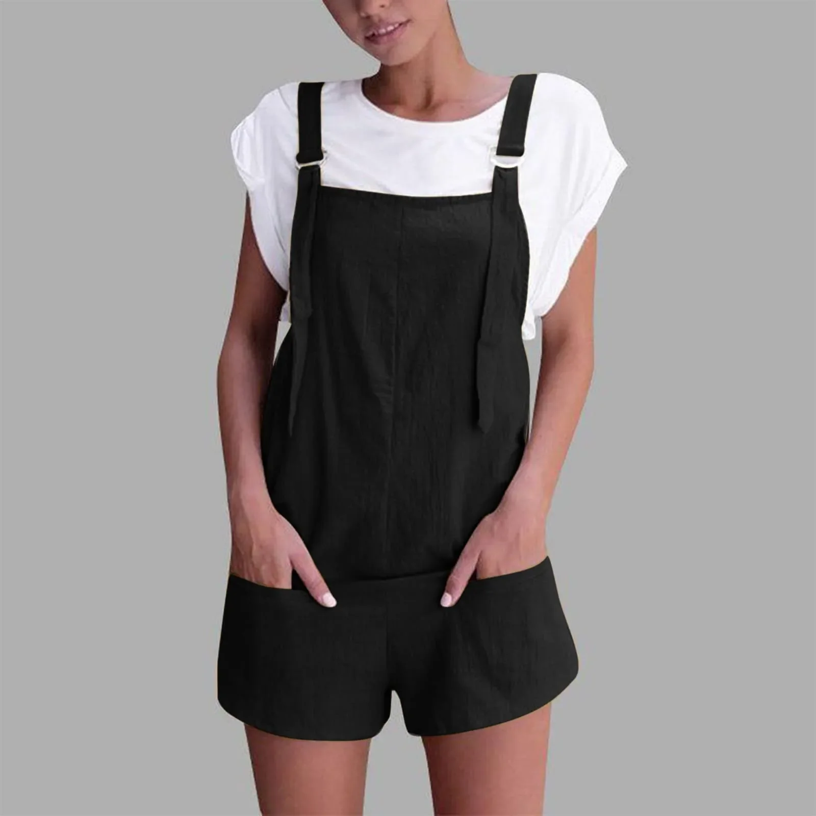 Women Playsuit Women Cotton Linen Bib Overalls Summer Sleeveless Solid with Button Pockets Vintage One-piece Dailywear Outfits