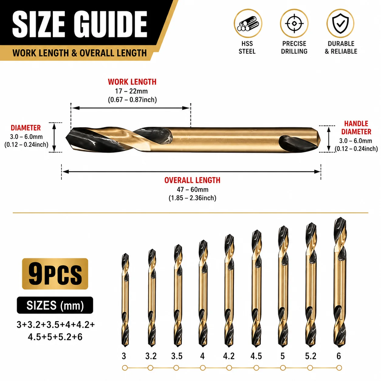 9Pcs HSS Double End Twist Drill Bit Set 3-6mm, Sharp Dual Head Drill Bits for Stainless Steel Metal Aluminum Repair Drilling Pow