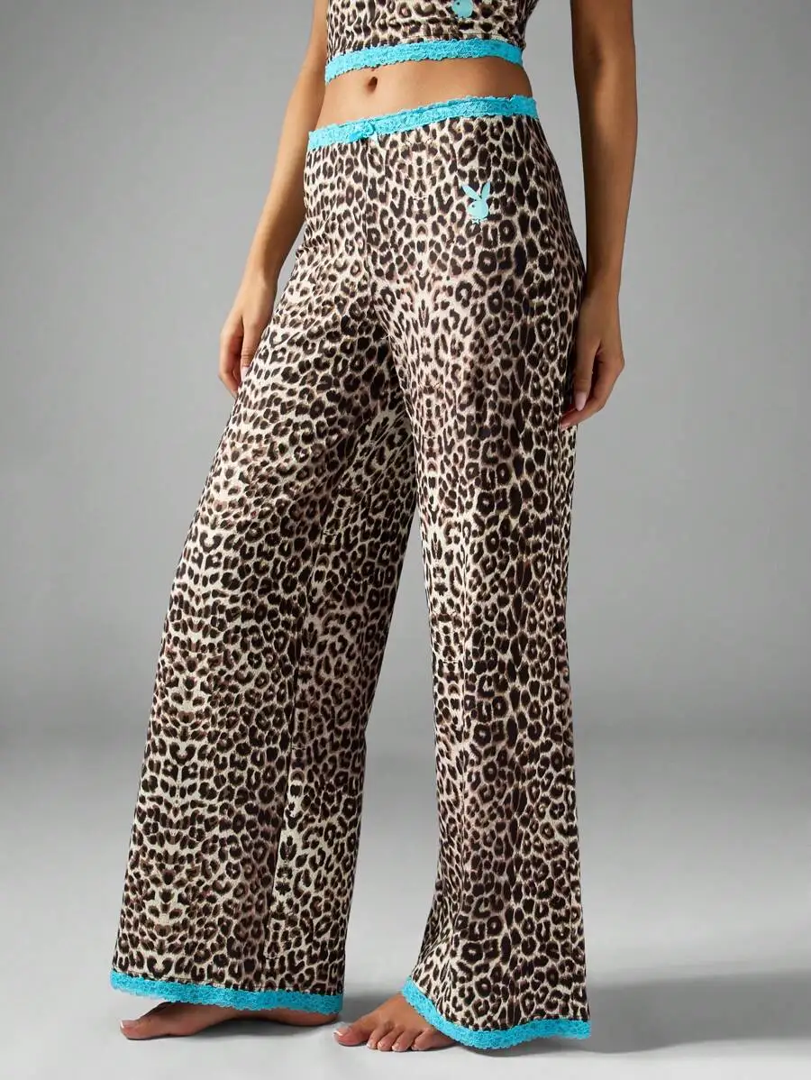 Leopard Print Satin Pajama Set With Lace Trim Comfortable Sleepwear