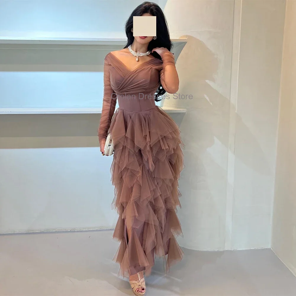 Elegant Tulle V-neck Evening Dress Saudi Arabia Long Sleeves Tiered Ankle Length Party Prom Gowns Side Split Vestido De Festa