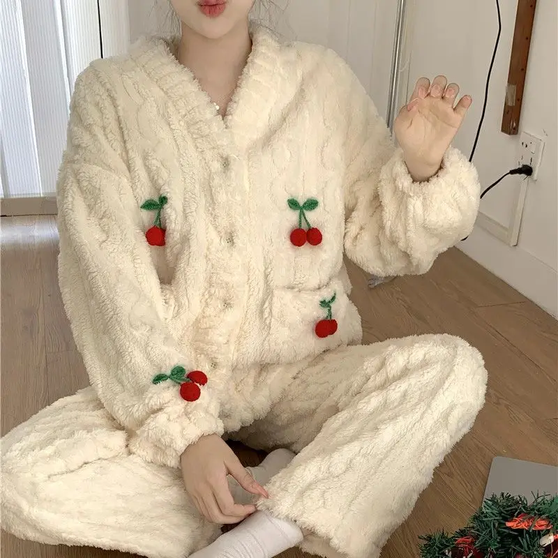 

Coral Fleece Cherry Pajamas Female Wintertime Can Be Worn Outside Cute Maiden Add Fleece To Thicken Autumn and Winter Loungewear