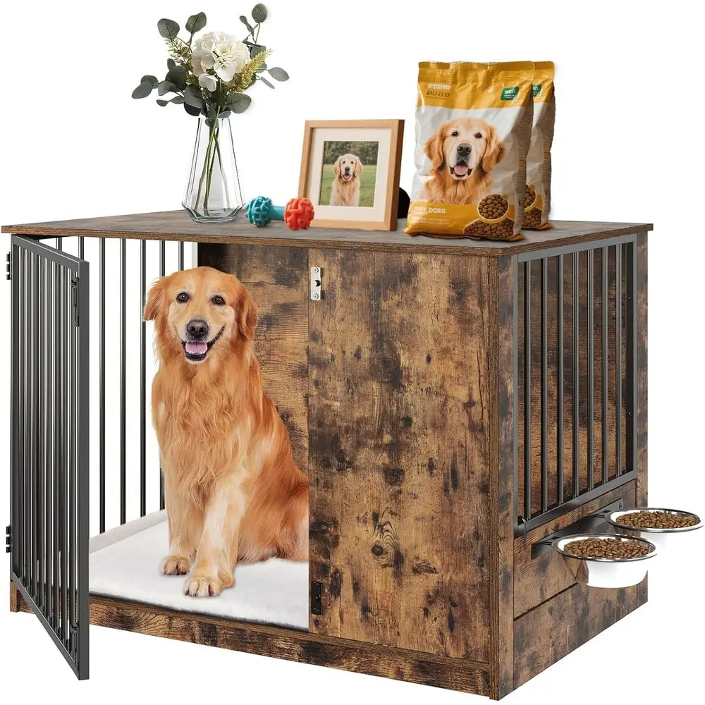 

Dog Crate Furniture with Cushion for Large Dogs, 36" Indoor Wooden Dog Kennel with 270° Swivel Door, 360° Rotating Feeder, Decor