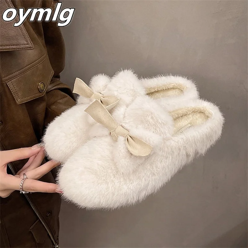 Step on Fairy Bean Shoes, Women's Winter Plush Cotton Shoes, New Butterfly Knot Hairy Shoes, Flat Shoes for Outer Wear