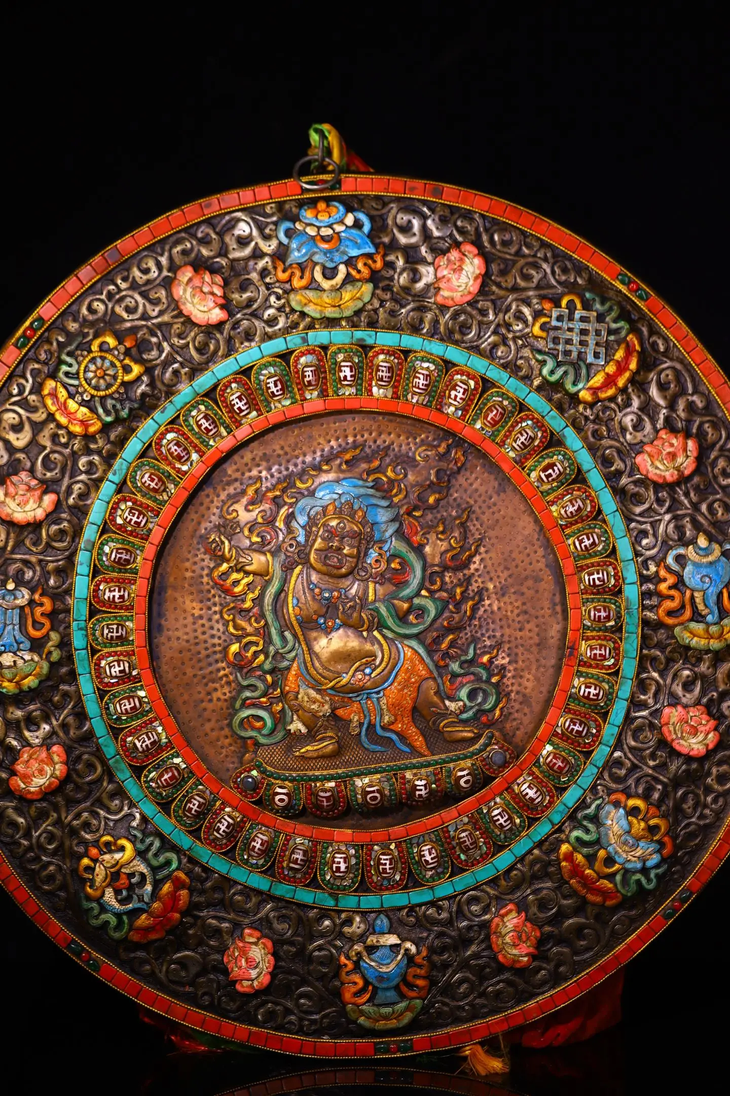 

20"Old Nepalese temples Old Tiantie Mosaic Gem gZi Beads Turquoise Vajrayana Bodhisattva Buddha Tangka hanging panel