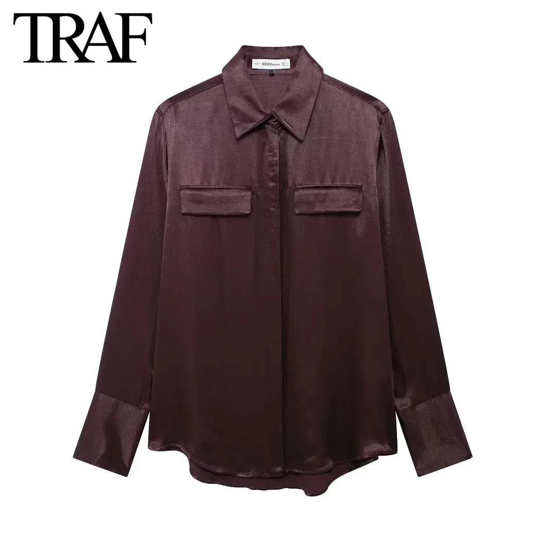 TRAF-Blusa de manga larga con solapa para mujer, camisa elegante con textura de satén, bolsillo abatible, ropa de calle, moda de primavera y otoño