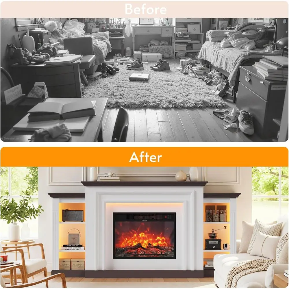 Electric Fireplace Mantel TV Stand or Living Room | Large Entertainment Center with Open Storage Shelves for 80 TV, LED Ambient