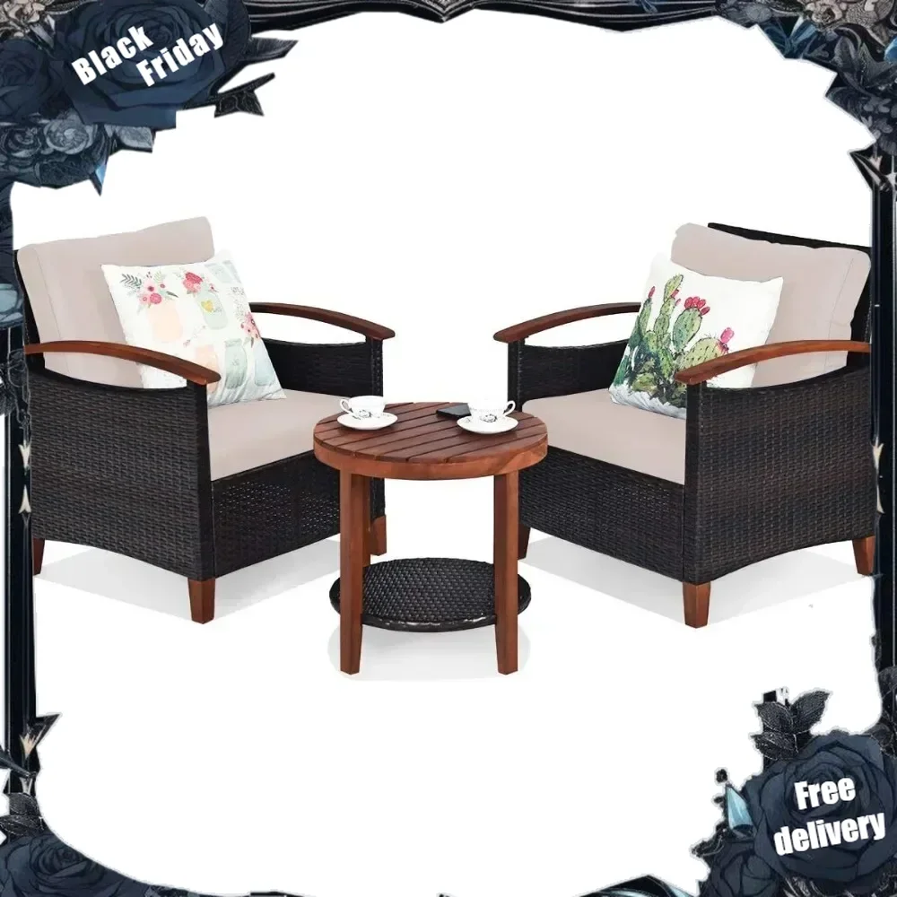 

Patio Furniture Set, Outdoor Rattan Sofa and Side Table w/Solid Acacia Wood Frame, High Load Bearing Conversation Bistro