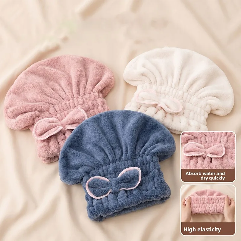 Household Bow Dry Hair Cap for Women Quick Drying Coral Fleece Cute Shower Cap Super Thick Toe Cap Dry Hair Towel