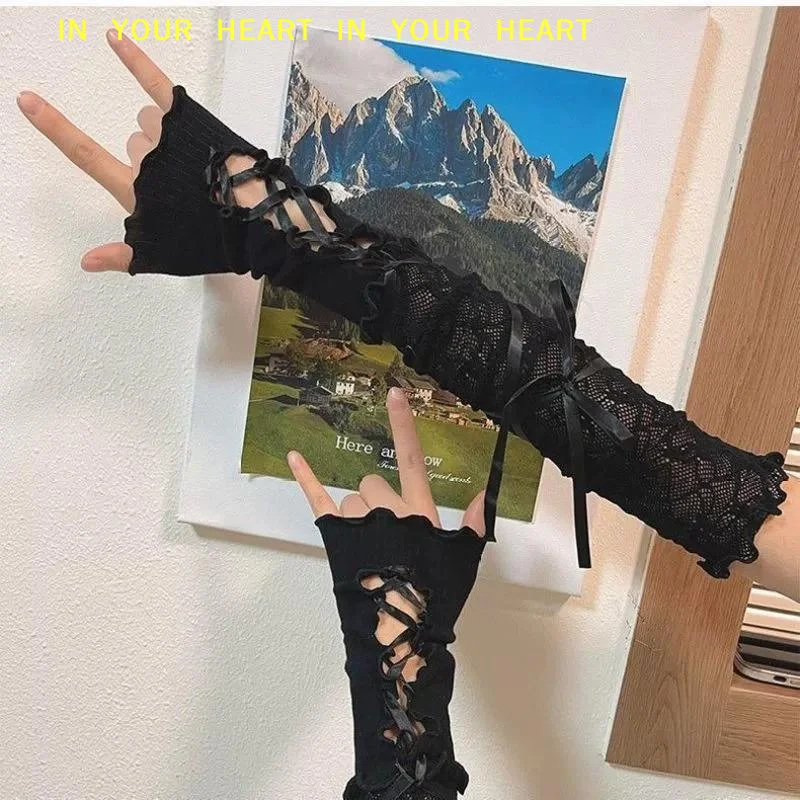 【X】Women Lace Fingerless Gloves Black Gothic DIY Strapping Sunscreen Sleeve Clothing Accessories Elastic Mesh Punk Gloves