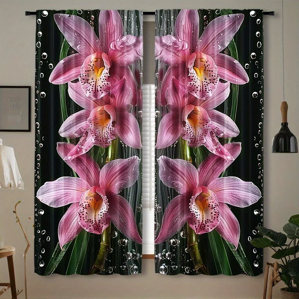Pink Cymbidium Orchid Curtain 2 Panels Water Drop Green Bamboo Black Background Master Bedroom Curtain Elegant Floral Home Decor