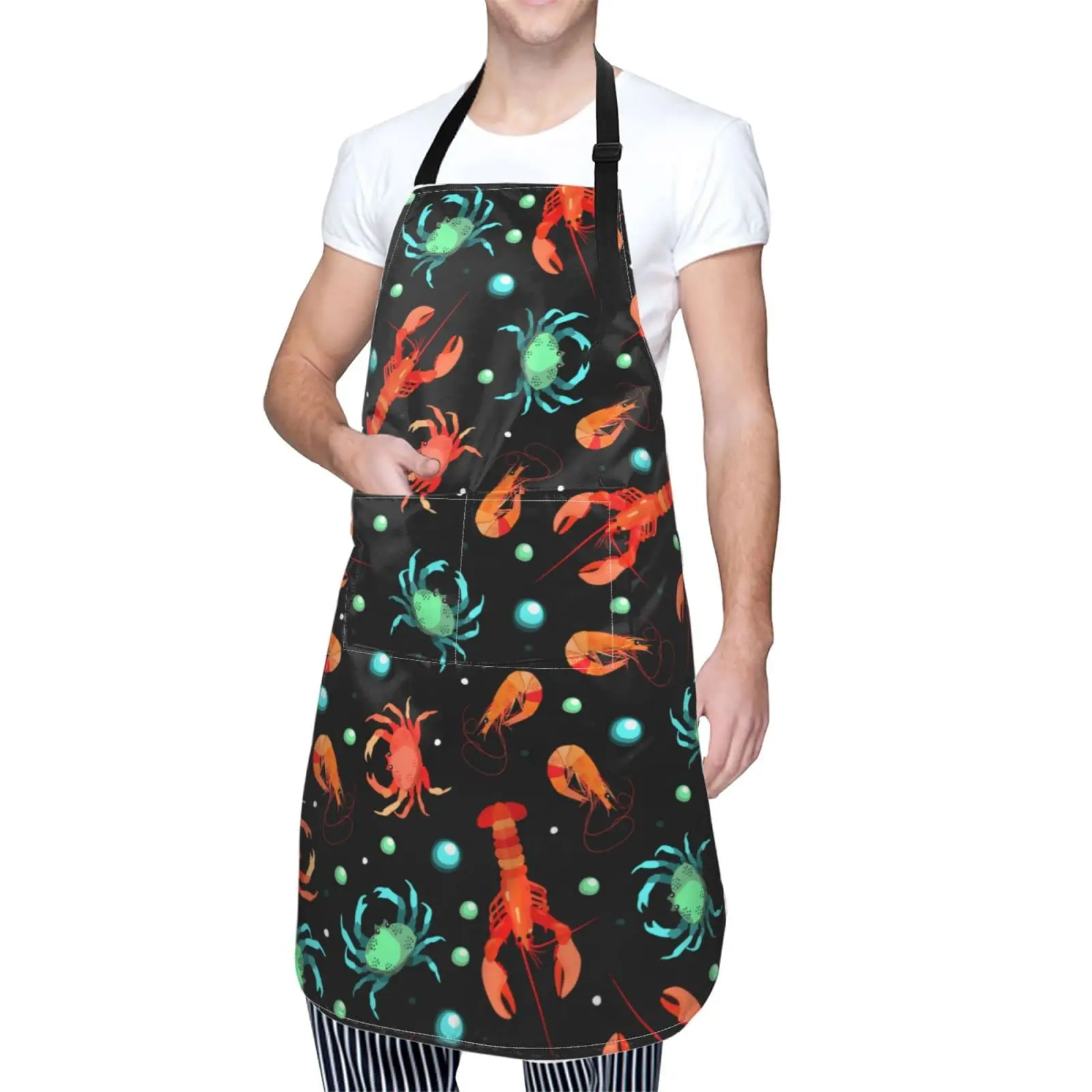 

Lobster Crab Shrimp and Bubbles Waterproof Apron Marine Animal on Black Background Cooking Kitchen Apron Unisex Adjustable Apron