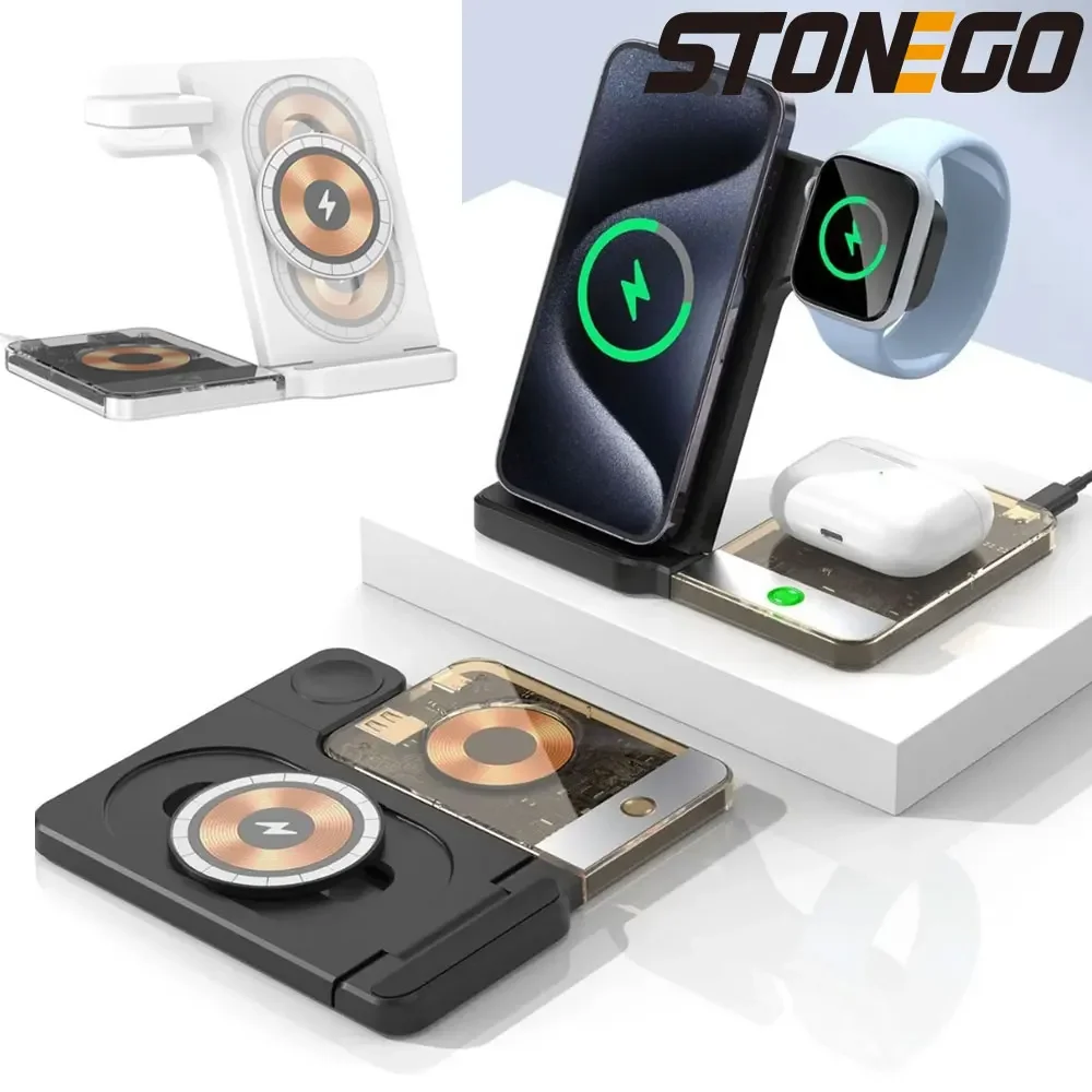 STONEGO 15W cargador inalámbrico magnético soporte Magsafe para iPhone 15 14 13 12 Pro Max Airpods Apple Watch 8 7 estación de carga rápida