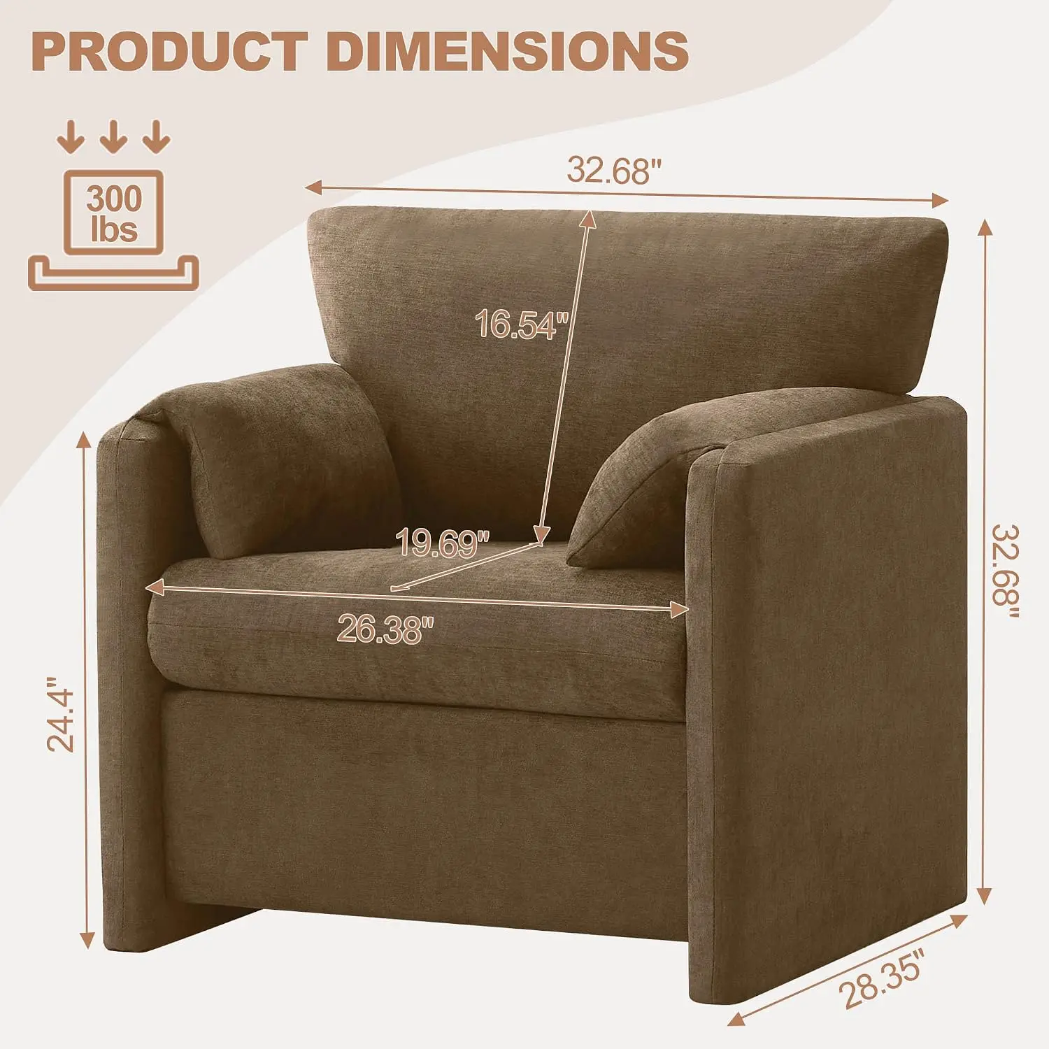 Oversized Armchair Deep Seat Padded Arms Chenille Single Sofa for Living Room Bedroom Dark Brown Regular 1PC, Customized