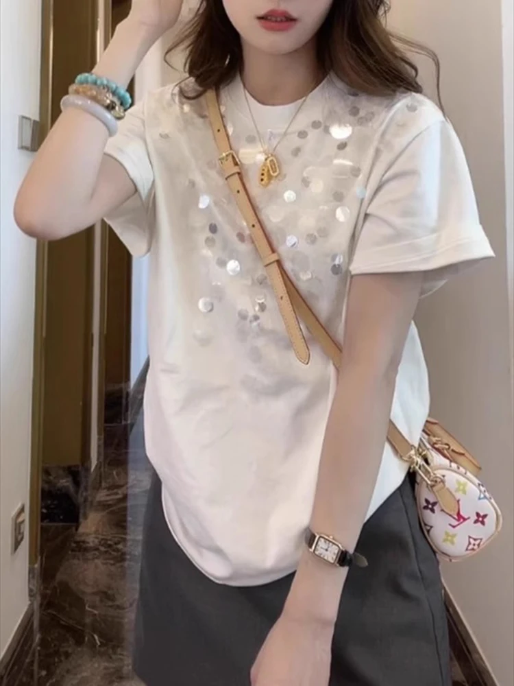 Heavy industry sequin shoulder short sleeved T-shirt for women's summer hot item loose unique super good-looking top