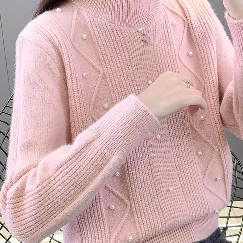 Autumn Winter New Bead Sweaters Vintage Loose Thick Knitted Pullovers Office Lady Solid Chic Tops