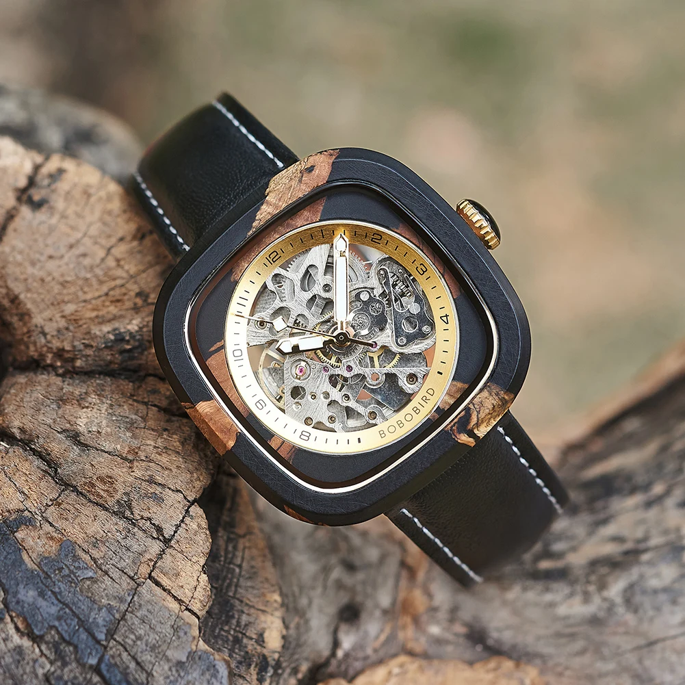 BOBO BIRD Reloj de pulsera con correa de cuero para hombre, accesorio masculino de pulsera con mecanismo automático, complemento mecánico de resina