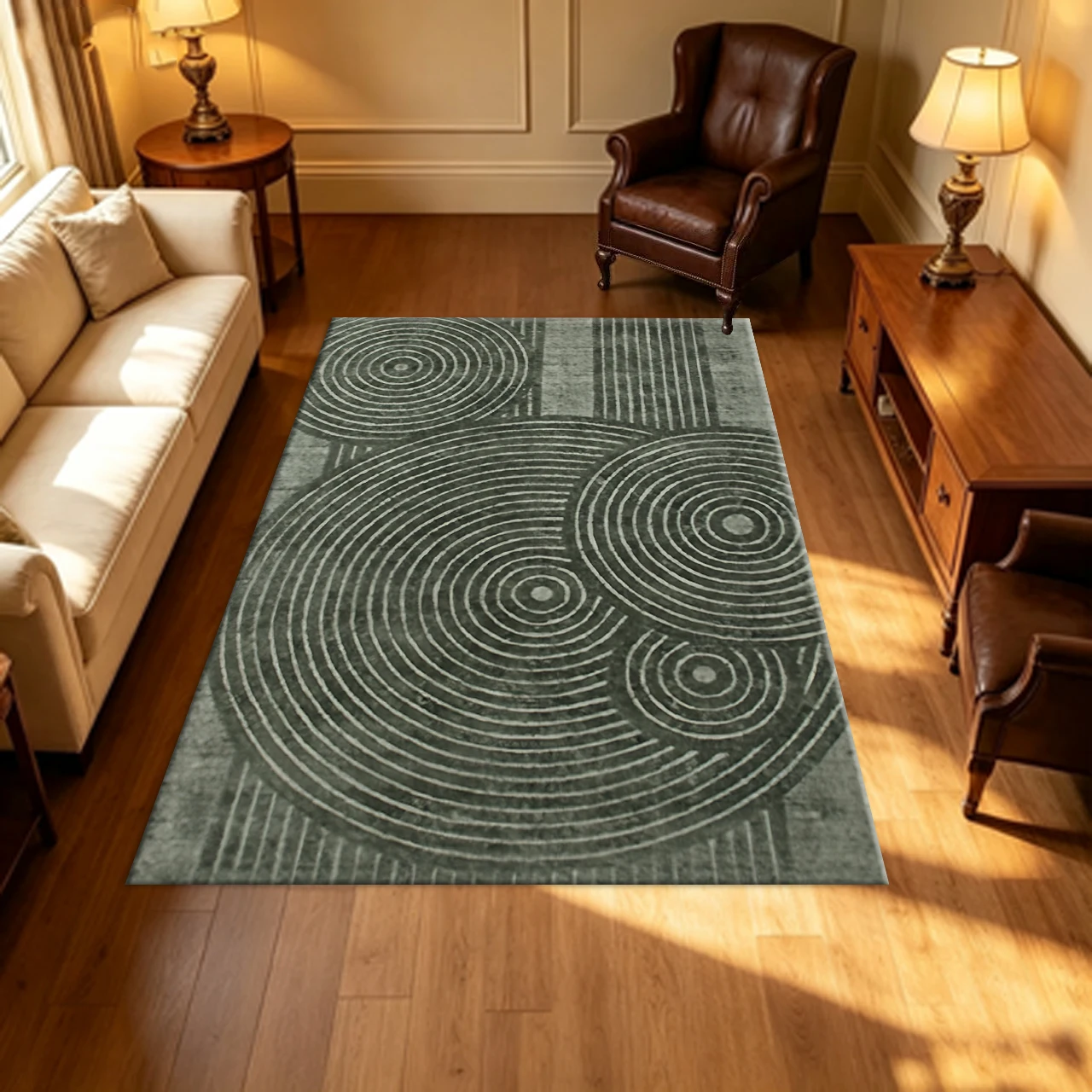 Dark Green Geometric Circle Carpet Flooring Retro Mid‑Century Modern Indoor Decor Rug