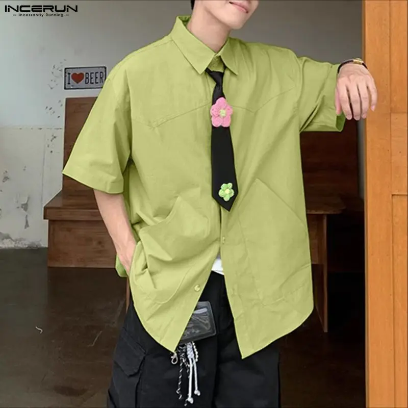 

INCERUN Men Shirt Flower Patchwork Lapel Short Sleeve Button Men Clothing Streetwear Oversize Korean Style Fashion Male Shirts