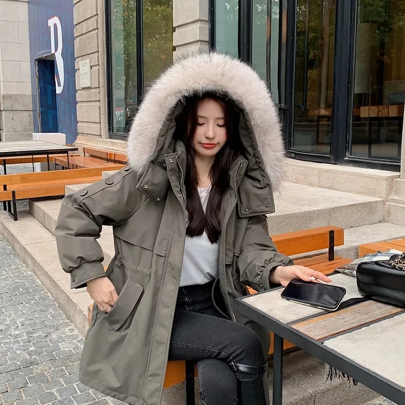 2024 New Winter Women Jacket Parka Loose Long Coat Wool Liner Hooded Jacket Fur Collar Warm Thick Warm Snow Wear Padded Parka