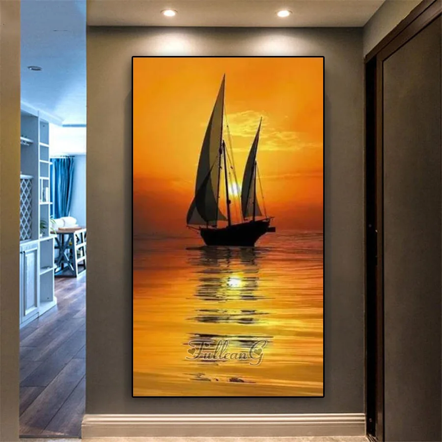 large diamond painting sunset sea scenery diy full mosaic embroidery sale sailing boat rhinestone pictures home decor AA4050