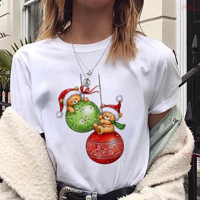 Cute Bear with Christmas Balls T Shirt Women Fashion Christmas Harajuku Short Sleeve T-shirt White Suitable All Seasons