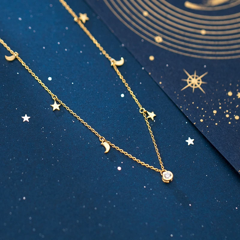 Modian 925 Sterling Silver Star i łańcuszek z księżycem Sparkling Starry Link łańcuszek wisiorek naszyjniki dla kobiet zapobieganie alergii biżuteria — zdjęcie 3