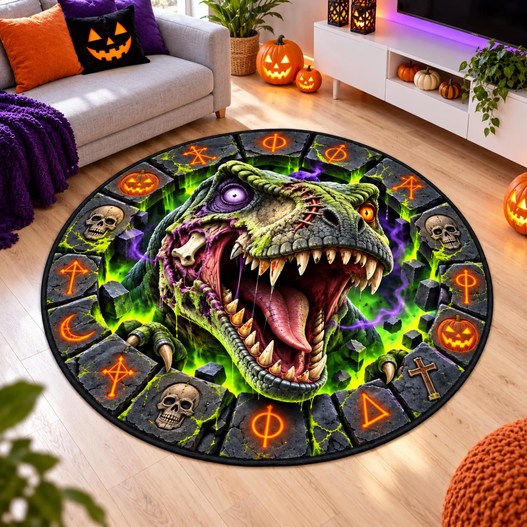 Fantasy Dragon Treasure Cave Circular Mat 3D Gothic Skull Pumpkin Pattern Area Rug Mythical Monster Floor Carpet non slip rug
