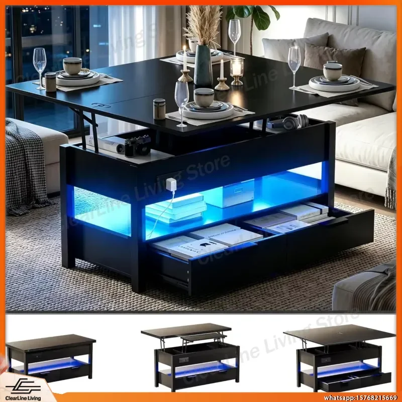 40 Inch Lift Top Coffee Table with Power Outlets USB Ports LED Lights Convertible Dining Table Storage Ottoman Living Room