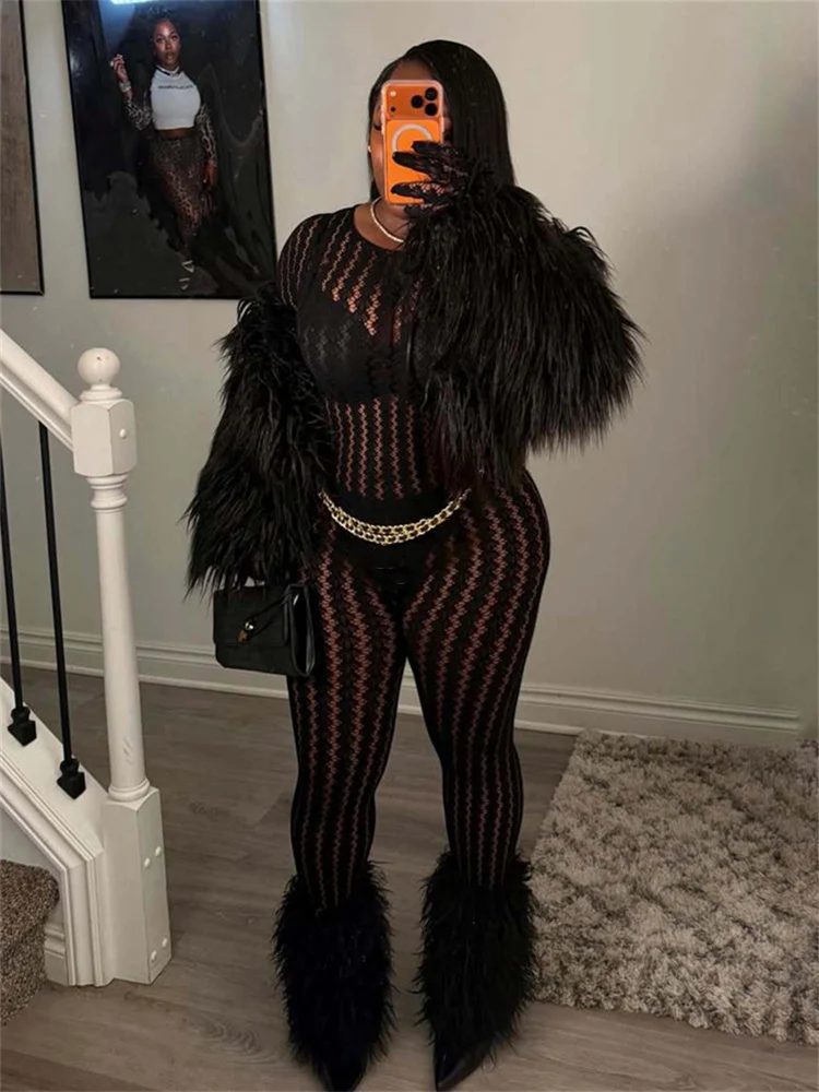 

Женский прозрачный комбинезон с круглым вырезом, асимметричными полосками, жаккардовым узором и вырезами, облегающий, стрейч, в уличном стиле, сексуальный