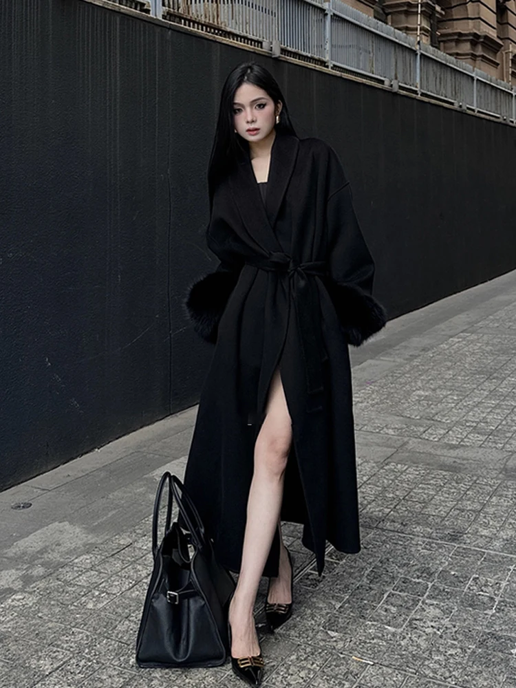 

Винтажное шерстяное пальто в стиле Хепберн больших размеров, черное, женское, осенне-зимнее, с поясом, средней длины, твидовое, в корейском стиле