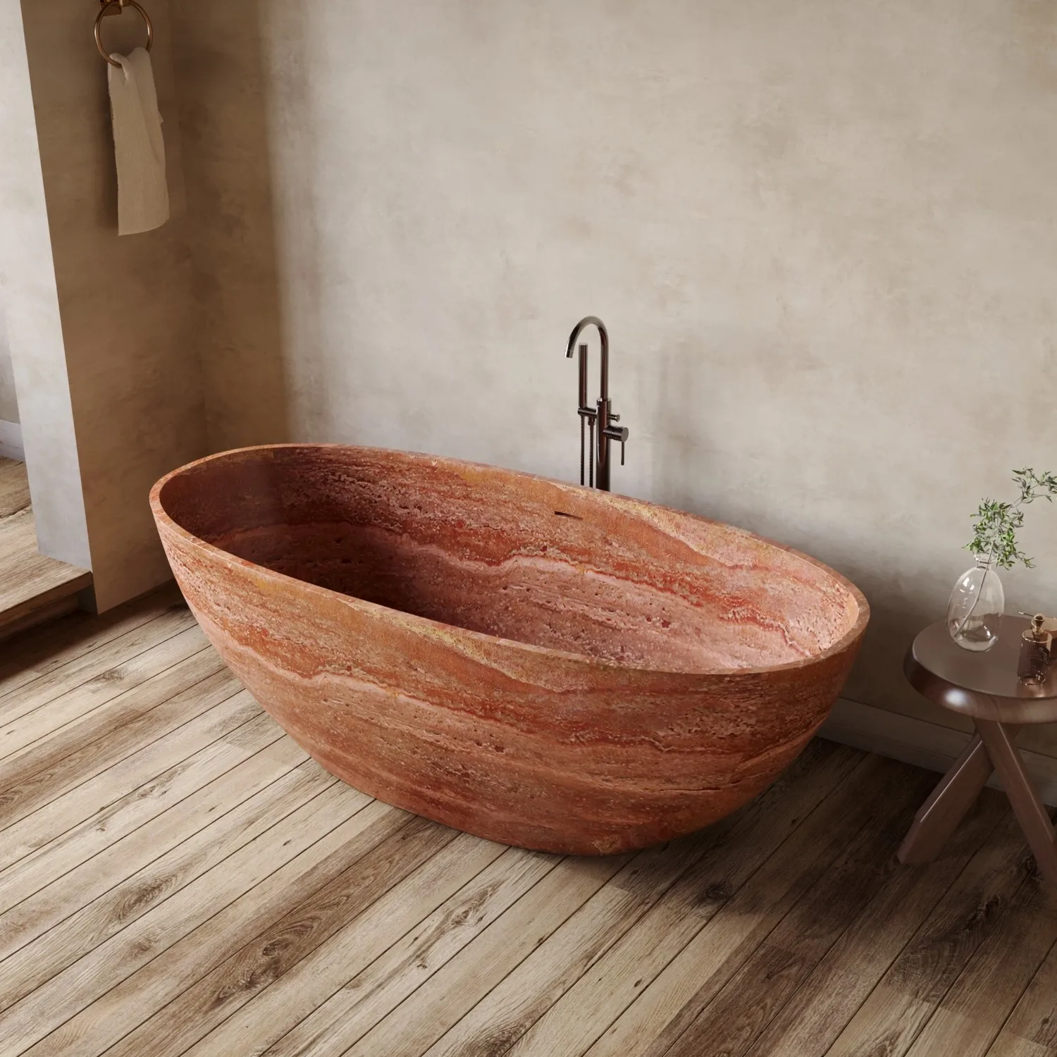 Any Red Travertine Bathtub Thin Rim Oval Soaking Tub Heat Retaining Durable Easy Clean Freestanding Hotel Villa Bath