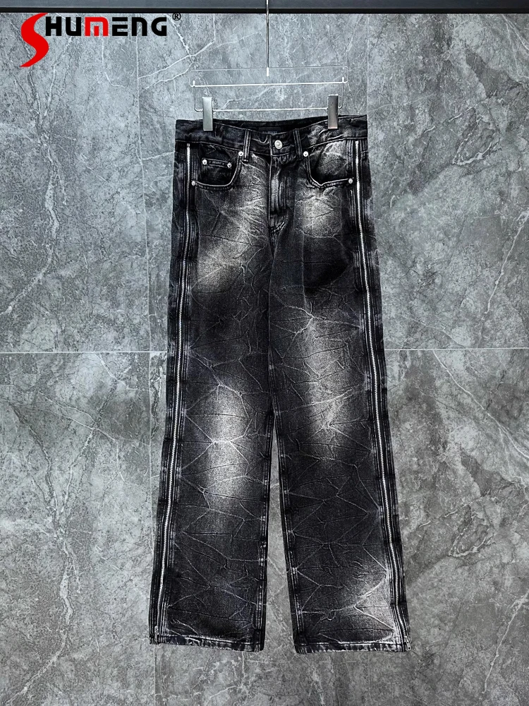 

Men's 2025 Autumn New American Style Retro Chic Jeans Loose Straight Wide-Leg Denim Trousers Trendy Pocket Decoration Long Pants