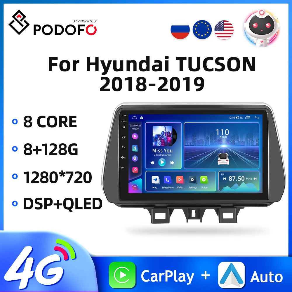 Podofo 2Din Car Radio Carplay For Hyundai TUCSON 2018-2019 Android Multimedia Video Player GPS Navigation Autoradio Auto Stereo