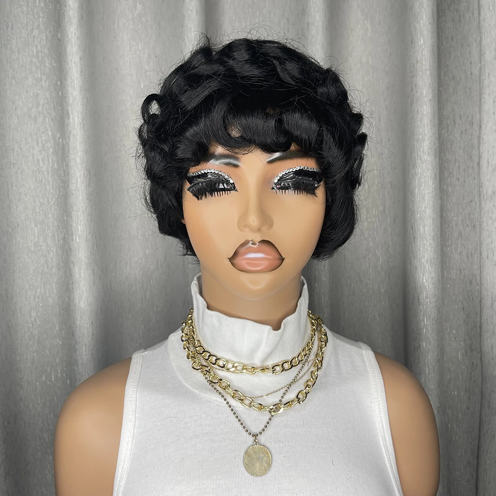 Peruka Pixie Cut z Włosów Naturalnych, Cała Wykonana Maszynowo, Kręcone Włosy typu Egg Curl, Peruka Pixie Cut z Włosów Naturalnych z Grzywką, Kręcone Peruki z Włosów Naturalnych dla Czarnoskórych Kobiet