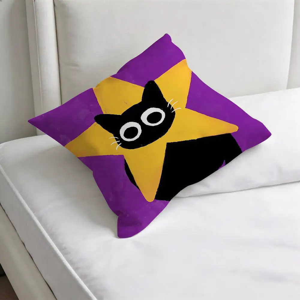 Cartoon D-Drawing Black Cat Decorative Square Pillow Cover Soft & Comfortable Pillow Case Sofa Bed Home Decoration