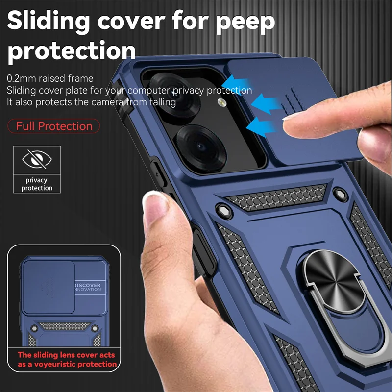 For Xiaomi Poco C65 4G Case Slide Camera Protect Armor Phone Case For PocoC65 Poko Little C65 Pocco C 65 Magnet Ring Cover