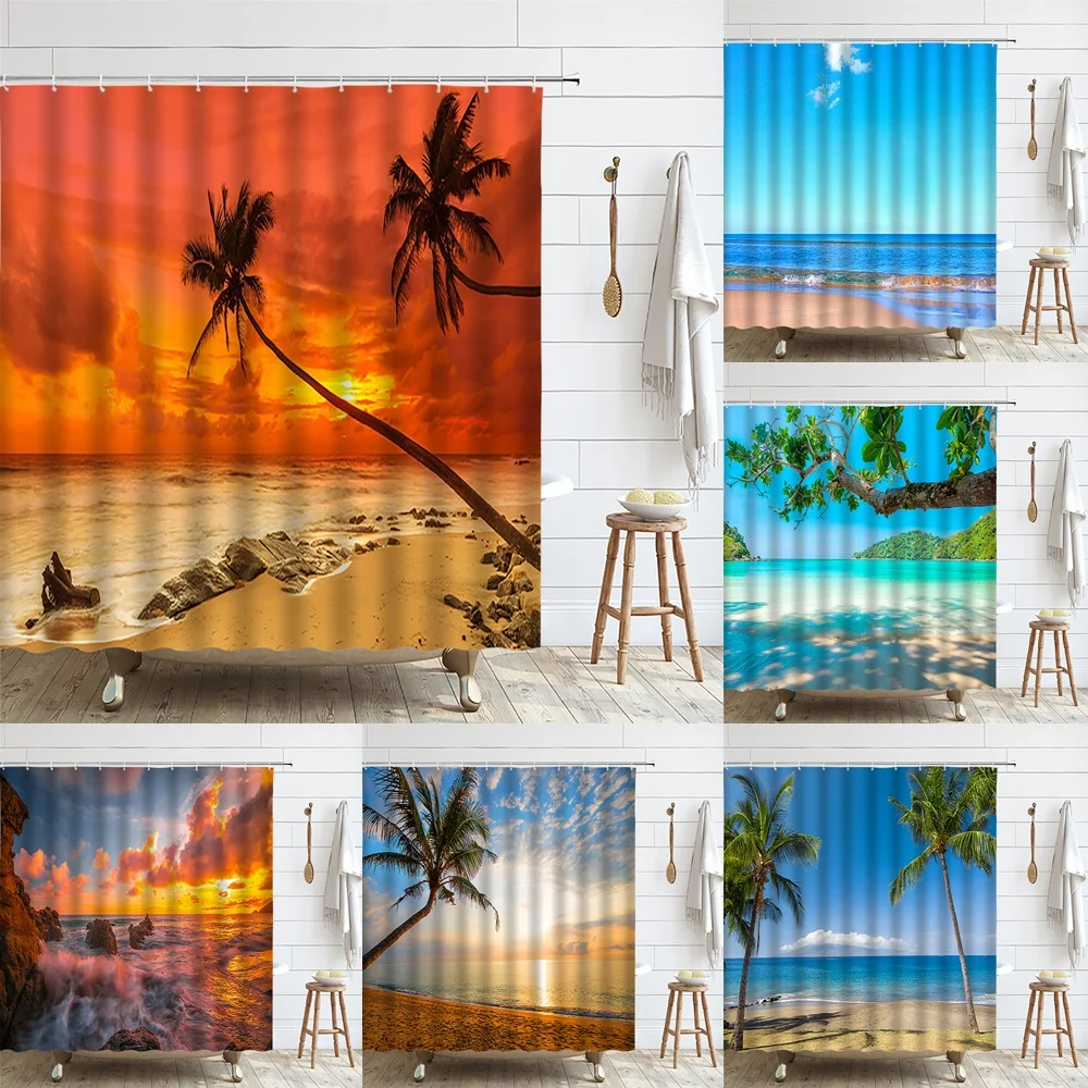 

Dusk Sunset Beach Shower Curtains Tropical Ocean Palm Tree Sea Waves Nature Scenery Cloth Home Decor Bathroom Curtain Screen Set