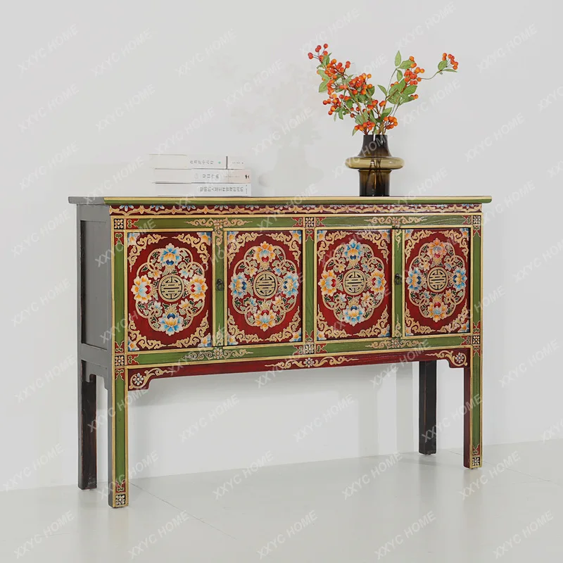 MY Chinese foyer entrance cabinet hand-painted Xizang cabinet log locker entrance table solid wood table painted retro furniture