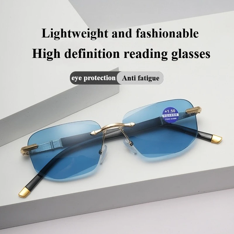 Modische Anti-Blaulicht-Lesebrille, rahmenlose Brille mit Diamantbesatz, Lesebrille für ältere Menschen