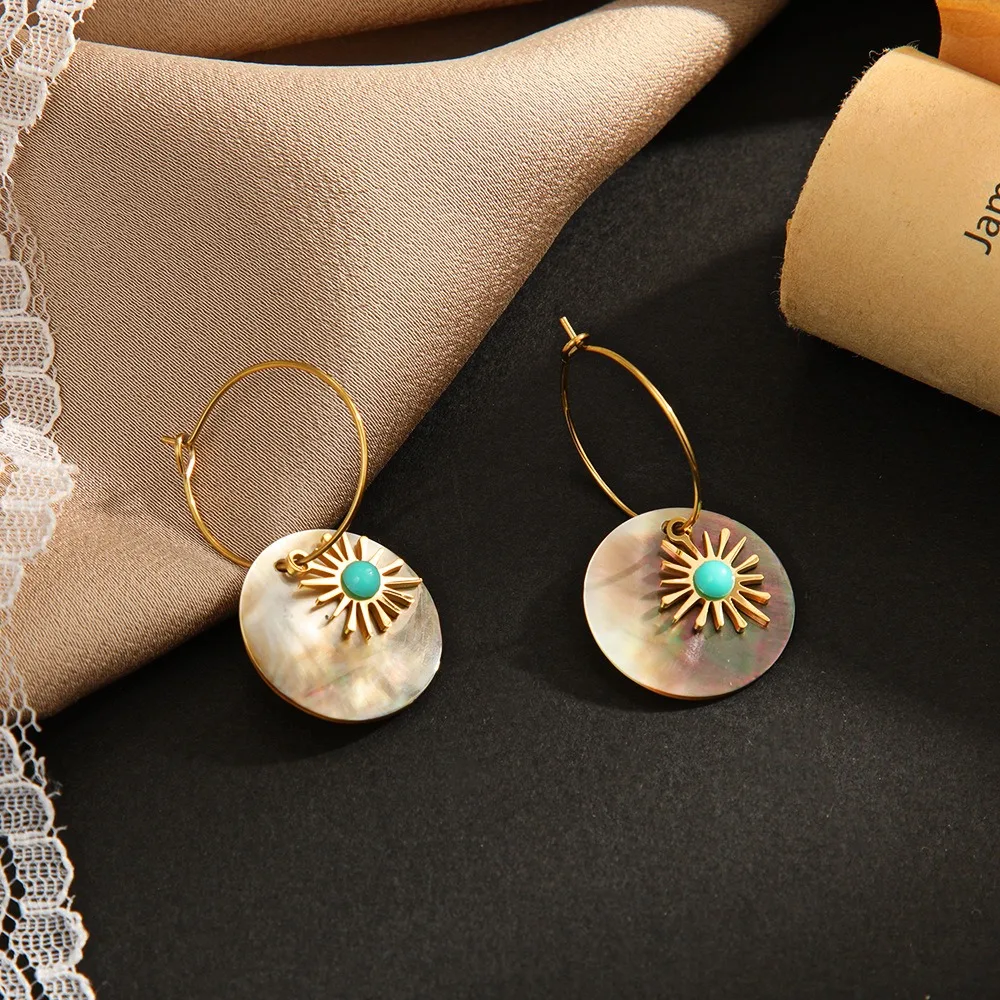 Bohemia Trendy Stainless Steel Geometric Shell Circle Stone Sun Dangle Earrings for Women Charm Summer Beach Jewelry Colorfast